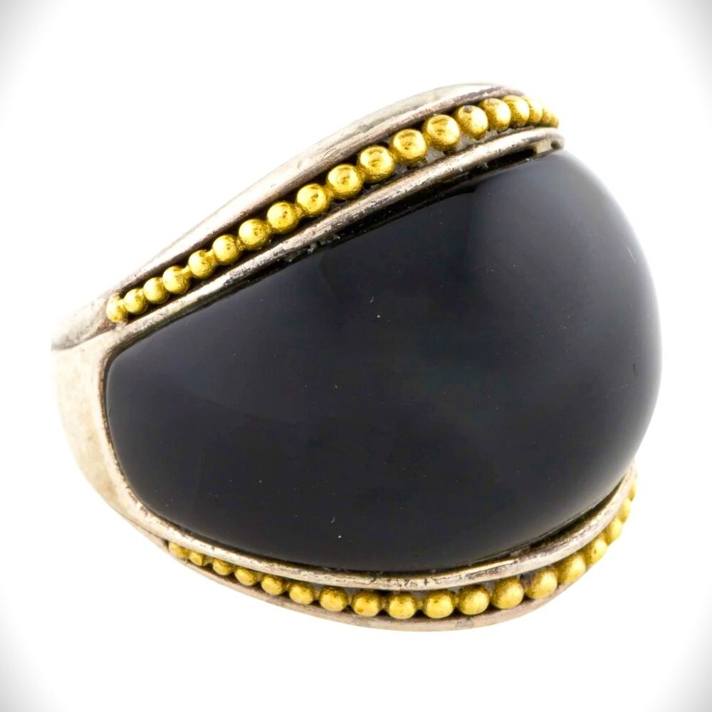 LAGOS Sterling Silver 18K Gold Onyx Cabochon Cocktail Ring Size 6